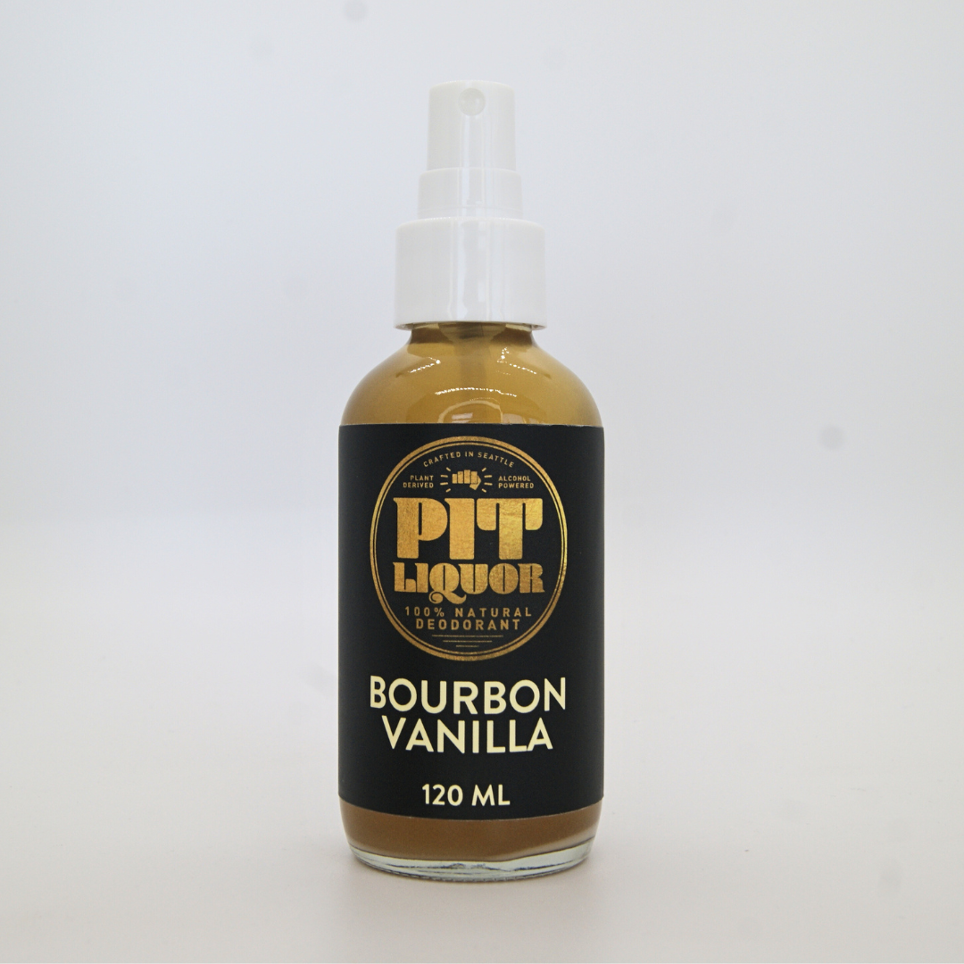 Bottle of Pit Liquor Bourbon Vanilla deodorant on a white background