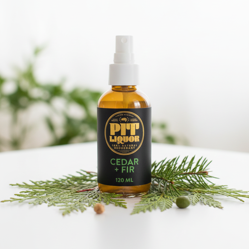 A bottle of Pit Liquor Cedar + Fir deodorant