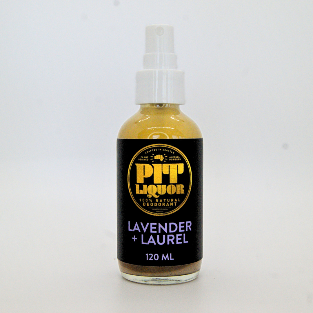 Bottle of Pit Liquor lavender and laurel deodorant on a white background