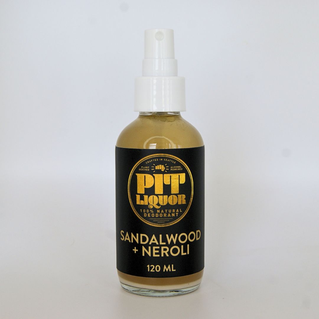 Bottle of Pit Liquor Sandalwood + Neroli deodorant on a white background